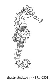 Steampunk style sea horse. Mechanical animal. Coloring book for adult vector illustration.