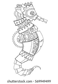 Steampunk style sea horse. Mechanical animal. Coloring book vector illustration.