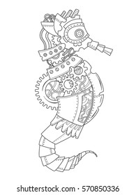 Steampunk style sea horse. Mechanical animal. Coloring book vector illustration.