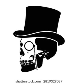 A steampunk style skull character wearing a top hat and monocle, symbolizing mystery and intrigue, perfect for use in various creative projects and designs