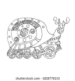 Caracol al estilo Steampunk. Animal mecánico. Libro de coloración para ilustraciones vectoriales para adultos y niños. colorante antiestrés. dibujo lineal del caracol del robot aislado sobre un fondo blanco.