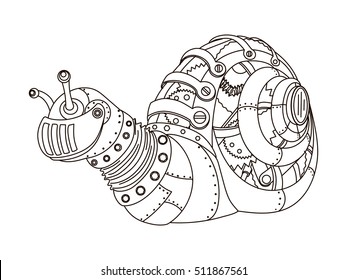 Steampunk style snail. Mechanical animal. Coloring book for adult vector illustration.