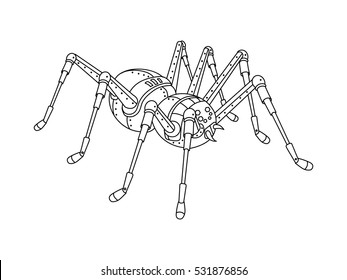 Steampunk style spider. Mechanical animal. Coloring book for adult vector illustration.