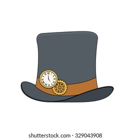 Steampunk style top hat with copper watch and gears in doodle style