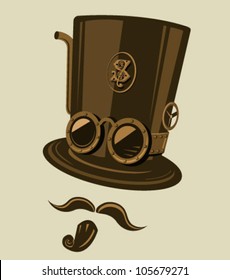 Steampunk style top hat with goggles and other retro elements. Place the top hat the mustache and the goatee on your photos and become a steampunk hero.