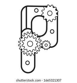 Steampunk Style Typeface. Mechanical alphabet of gears. letter P. Vector illustration of vintage steampunk alphabet for logo and text. Suitable for fantastic coloring pages for children 