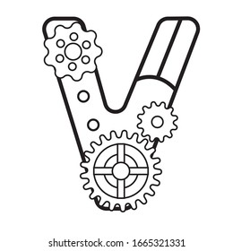 Steampunk Style Typeface. Mechanical alphabet of gears. letter V. Vector illustration of vintage steampunk alphabet for logo and text. Suitable for fantastic coloring pages for children 