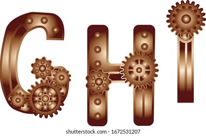 Steampunk Style Typeface. Mechanical alphabet of gears. letter C H I. Vector illustration of vintage steampunk alphabet for logo and text. Bronze letters.