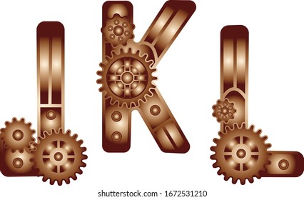 Typeface de estilo Steampunk. Alfabeto mecánico de los engranajes. letra C H I. Ilustración vectorial del alfabeto steampunk vintage para el logotipo y el texto. Letras de bronce.