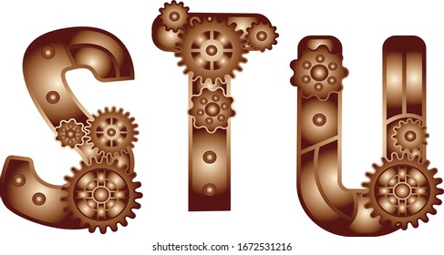 Steampunk Style Typeface. Mechanical alphabet of gears. letter S T U. Vector illustration of vintage steampunk alphabet for logo and text. Bronze letters.
