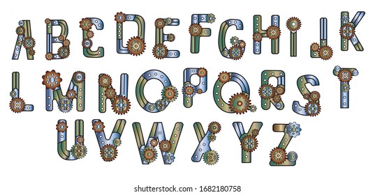 Steampunk Style Typeface. Mechanical alphabet of gears and metal elements.  Uppercase Letters.  Vector illustration of vintage steampunk alphabet for logo and text. Color alphabet for design