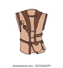 Steampunk style vest with straps, buckles. Vintage 19th century industrial fashion. Elegant retro clothing, apparel from leather and metal. Steam-punk vector illustration isolated on white background