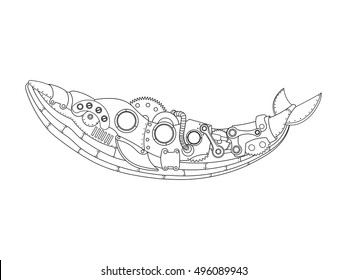 Steampunk style whale. Mechanical animal. Coloring book for adult vector illustration.