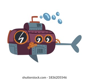 Steampunk Submarine, Antique Mechanical Device or Mechanism, Stylized Cartoon Style Vector Illustration