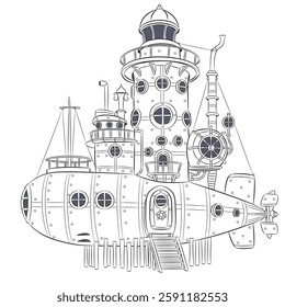 Steampunk Submarine Lighthouse. Vector black and white drawing