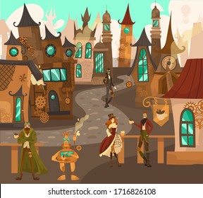 Steampunk Technologiefiguren in Märchenstadt mit alten europäischen Architekturhäusern, Fantasy-Schlössern Geschichte der europäischen Cartoon Vektorillustration Illustration. Altstadt und Fußgänger auf den Straßen.