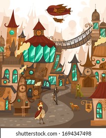 Steampunk technology city characters in fairytale town with old european architecture houses, fantasy castles history of Europe cartoon vector illustration. Old steampunk town and pedestrians on