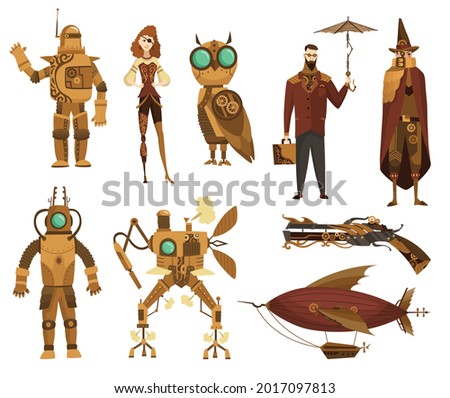 Steampunk technology collection. Fantasy vintage transport and people cartoon characters, vector illustration. Mechanical vehicle, pistol and robots. Steam punk invention isolated set