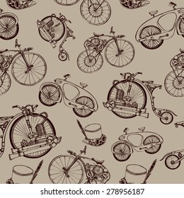 Steampunk Template Edwardian Background. Victorian Party Poster. Bicycle and Cylinder Hat. Vector 