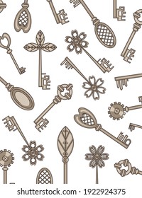 Steampunk. Texture. Vintage keys on a white background. Color image. Vertical arrangement. Design element. Vector illustration.