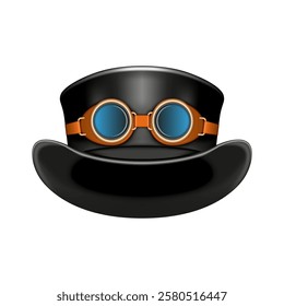 Steampunk top hat black and orange leather goggles and cooper metallic details realistic 3d vector, isolated on white background, for futuristic fantasy project, creative alternative fashion.