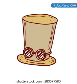  steampunk top hat and brass goggles, hand drawn vector illustration.