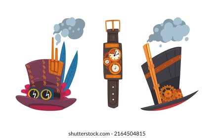 Steampunk top hat and mechanical wrist watch cartoon vector illustration