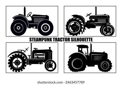 Steampunk Tractor Silhouette, Tractors Vector Silhouette,Tractor Silhouettes Modern and Antique,
