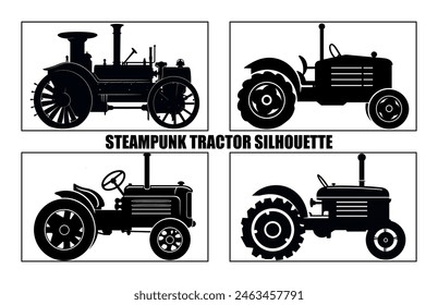 Steampunk Tractor Silhouette, Tractors Vector Silhouette,Tractor Silhouettes Modern and Antique,
