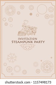 Steampunk train frame invitation letter, vintage menu, cogs, gears on paper