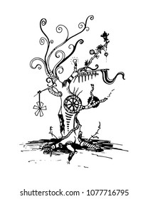 Steampunk tree - ink vector greeting card abstract. Pipes smoke pollution, gears industry, robotic machinery, dead. Cover for notebook or postcard. Grim gloomy - dark contour drawing Gothic creepy