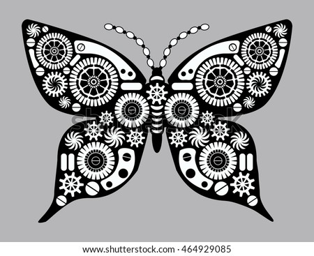 Steampunk vector butterfly. Fantastic insect in vintage style for tattoo, sticker, print and decorations. Retro collage.