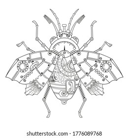 Steampunk vector coloring page. Vector coloring book for adult for relax and medetation. Art design of a fictional mechanical fly