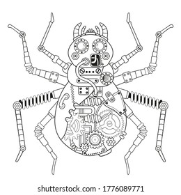 Steampunk vector coloring page. Vector coloring book for adult for relax and medetation. Art design of a fictional mechanical spider