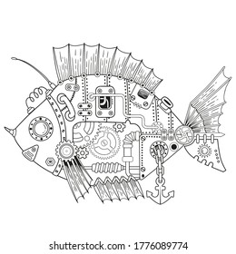 Steampunk vector coloring page. Vector coloring book for adult for relax and medetation. Art design of a fictional mechanical fish