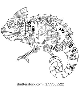 Steampunk vector coloring page. Vector coloring book for adult for relax and meditation. Art design of a fictional mechanical robot iguana or chameleon