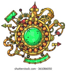 Steampunk vector illustration with industrial technical elements of mechanics in black and white colors