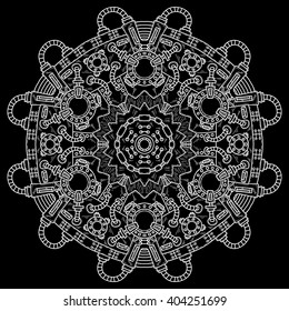 Steampunk vector illustration with industrial technical elements of mechanics. Vector round mandala. Ornamental doodle.