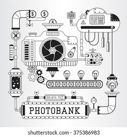 Steampunk vector illustration of microstock, photobank process of work.