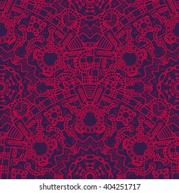 Steampunk vector seamless pattern with industrial technical elements of mechanics. Ornamental doodle background.