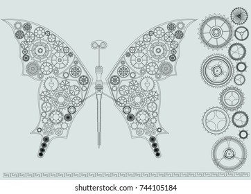 Steampunk vintage background with butterfly, cogs and gears on canvas paper