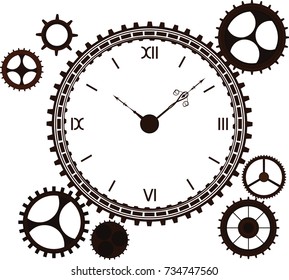 Steampunk vintage clock on background with cogs, gears isolated