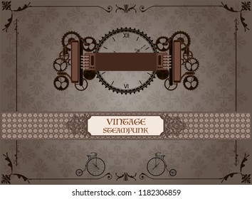 Steampunk vintage frame background, retro booklet, cogs and gears of restaurant pub menu with flag, banner.
