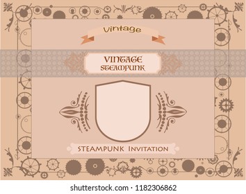 Steampunk vintage frame background, retro booklet, cogs and gears of restaurant pub menu with flag, banner.