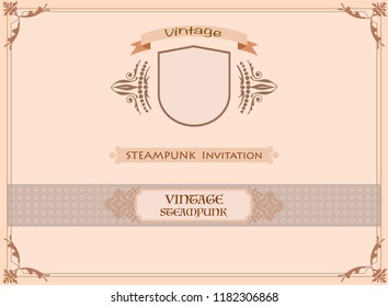 Steampunk vintage frame background, retro booklet, cogs and gears of restaurant pub menu with flag, banner.