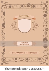 Steampunk vintage frame background, retro booklet, cogs and gears of restaurant pub menu with flag, banner.