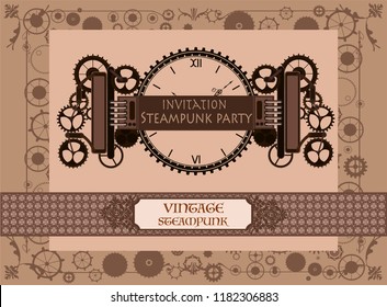 Steampunk vintage frame background, retro booklet, cogs and gears of restaurant pub menu with flag, banner.