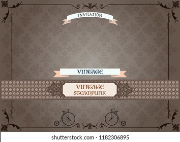 Steampunk vintage frame background, retro booklet, cogs and gears of restaurant pub menu with flag, banner.