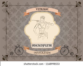 Steampunk vintage frame girl isolated sign menu. London poster illustration of rusty grunge collage, airship cogs, dark elements, wheels and gears