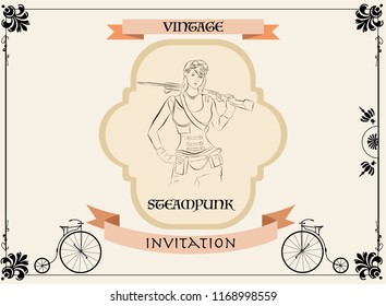Steampunk vintage frame girl isolated sign menu. London poster illustration of rusty grunge collage, airship cogs, dark elements, wheels and gears